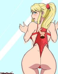 1girls against_glass ass back_view big_ass blonde_hair blue_eyes blush dat_ass disembodied_hand edit edited embarrassed female looking_at_viewer looking_back metroid pov red_bra red_panties samus_aran solo solo_female wedgie zeromomentai