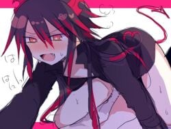 1boy :d ambiguous_penetration ass_up black_clothing blush colored cute_fang demon demon_horns faceless_male femboy flirting front_view funamusea gay hair_between_eyes heart heavy_breathing horn horny ivlis jacket japanese_text long_hair looking_down male male_focus male_only mouth_open multicolored_hair on_top orange_eyes pale-skinned_male partially_clothed partially_undressed playful provocative red_horns satanick sweatdrop sweating the_gray_garden thighs translated visible_breath yaoi