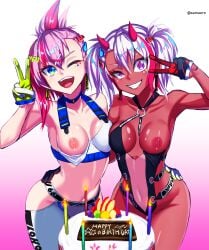 2girls alternate_version_available armpits bangs birthday birthday_cake blue_eyes bra breasts breasts_out candle candles chocolate clothed collarbone devil_horns earring earrings erosussu exposed_breasts eyeliner female females_only food gesugao gloves hair_ornament happy_birthday heart heart_hair_ornament highres human indie_virtual_youtuber medium_breasts midriff monokini multicolored_gloves multiple_girls navel nipples no_pants one_breast_out oni oni_horns open_mouth pants peace_sign pink_hair ponytail purple_eyes red_hair red_horns red_skin red_strand_of_hair samaero side_by_side smiling smiling_at_viewer swimsuit swimwear teeth teeth_showing teeth_visible toned toned_female tongue twintails two_tone_hair unaware virtual_youtuber white_hair wink winking winking_at_viewer yfu_baby