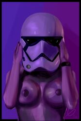 1girls areolae arms_up armwear background big_breasts black_border border breasts cosplay female female_only female_stormtrooper headgear helmet human human_only lj_pynn mostly_nude nipples nude nude_female partially_clothed purple_light rear_view signature simple_background solo standing star_wars stormtrooper the_force_awakens