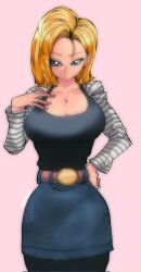 1girls 2022 android_18 big_breasts blonde_hair blue_eyes breasts cleavage dragon_ball dragon_ball_z female female_only large_breasts milf omochi_db tagme