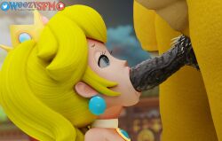 1boy 1girls 3d blonde_hair blowjob blue_eyes bowser crown earrings fellatio female female_focus long_hair male mario_(series) oral penis princess_peach solo_focus straight super_mario_odyssey throat_bulge unseen_male_face woozysfm