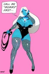 big_breasts blue_diamond_(steven_universe) blue_skin cartoon_network dominatrix femdom fishnet_armwear fishnet_legwear fishnets gem_(species) high_heels holding_whip kafka_art latex_leotard leotard milf simple_background steven_universe thick_ass thick_thighs whip white_hair