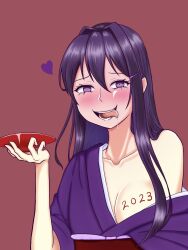 1girls 2023 blush breast_out doki_doki_literature_club drool heart holding_bowl holding_object light-skinned_female light_skin looking_at_viewer mhmundead miham_moni new_year oham_yuri open_mouth purple_eyes purple_hair saliva tongue tongue_out writing_on_breast year yuri_(doki_doki_literature_club)