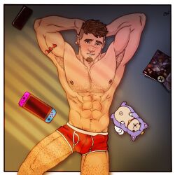 1boy arms_up bara erection_under_bottomwear leo_likes_pizza leopold_leo_woods male_only muscles muscular muscular_male pinup tattoo twitter_user_oc underwear_only