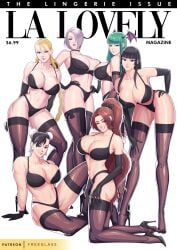 2022 6girls absurd_res bandai_namco beauty_mark black_hair blonde_hair blue_eyes bra braided_twintails breasts brown_eyes brown_hair cammy_white capcom chun-li cleavage crossover darkstalkers dead_or_alive english_text facial_scar fatal_fury female female_only freeglass green_eyes green_hair hand_on_hip head_wings heels high_heels hime_cut hips huge_breasts isabella_valentine king_of_fighters kneeling koei_tecmo kunoichi large_breasts leaning_forward long_hair long_legs long_ponytail magazine_cover mai_shiranui mole mole_under_mouth morrigan_aensland multiple_girls namco naughty_face ninja nyotengu panties ponytail purple_eyes shoes short_hair silver_hair slim_waist smile snk soul_calibur spread_legs stockings street_fighter succubus tecmo text thick_thighs thighs twin_buns twintails wide_hips