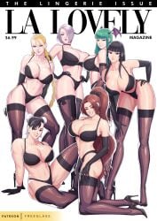 2022 6girls absurd_res bandai_namco beauty_mark black_hair blonde_hair blue_eyes bra braided_twintails breasts brown_eyes brown_hair cammy_white capcom chun-li cleavage crossover darkstalkers dead_or_alive english_text facial_scar fat_breasts fatal_fury female female_only flat_belly freeglass green_eyes green_hair hand_on_hip head_wings heels high_heels hime_cut hips huge_breasts isabella_valentine king_of_fighters kneeling koei_tecmo kunoichi large_breasts leaning_forward long_hair long_legs long_ponytail magazine_cover mai_shiranui mole mole_under_mouth morrigan_aensland multiple_girls namco naughty_face ninja nyotengu panties ponytail purple_eyes shoes short_hair silver_hair slim_waist smile snk soul_calibur spread_legs stockings street_fighter succubus tecmo text thick_thighs thighs twin_buns twintails wide_hips