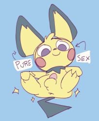 anus balls blush english_text erection feral fur furry furry_only genitals male male_only nintendo penis pichu pokémon_(species) pokemon pokemon_only simple_background simple_eyes smile solo tail tempura_puppy text video_games yellow_body