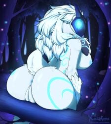 anthro anus ass ass_focus big_ass big_breasts blue_eyes blue_markings blue_nipples breasts female female_only glowing glowing_eyes hi_res kindred lamb_(league_of_legends) league_of_legends looking_back markings mask nipples nude nude_female riot_games solo thick_thighs thighs yumiiefox