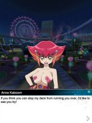 anna_kozuki areolae big_breasts edit edited_screencap female gloves nipples_covered red_hair rochestedorm screencap screenshot screenshot_edit smile text_box yu-gi-oh! yu-gi-oh!_duel_links yu-gi-oh!_zexal