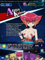 anna_kozuki areolae big_breasts edit edited_screencap female gloves nipples_covered red_hair rochestedorm screencap screenshot screenshot_edit smirk yu-gi-oh! yu-gi-oh!_duel_links yu-gi-oh!_zexal