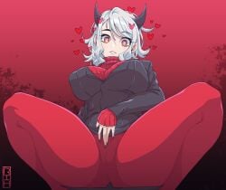 1girls big_breasts breasts clothed demon demon_girl female female_only helltaker hi_res highres horns looking_at_viewer modeus_(helltaker) open_legs red_eyes rilima_h solo straight_hair thick_thighs tights white_hair