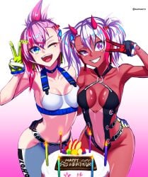 2girls alternate_version_available armpits bangs birthday birthday_cake blue_eyes bra breasts candle candles chocolate clothed collarbone devil_horns earring earrings erosussu eyeliner female females_only food gesugao gloves hair_ornament happy_birthday heart heart_hair_ornament highres human indie_virtual_youtuber medium_breasts midriff monokini multicolored_gloves navel no_pants oni oni_horns open_mouth pants peace_sign pink_hair ponytail purple_eyes red_hair red_horns red_skin red_strand_of_hair samaero side_by_side smiling smiling_at_viewer swimsuit swimwear teeth teeth_showing teeth_visible toned toned_female tongue twintails two_tone_hair virtual_youtuber white_hair wink winking winking_at_viewer yfu_baby