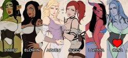 6girls arwen_(cherry-gig) blue_skin cherry-gig dark-skinned_female dark_skin dungeons_and_dragons elf elowyn_(cherry-gig) female_only gabby_(cherry-gig) goblin goblin_female goliath_(dungeons_and_dragons) green_skin larissa_(cherry-gig) multiple_girls orna_(cherry-gig) petite red_skin succy tagme tavern_wench tiefling wood_elf