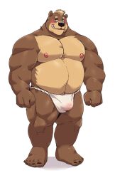 2022 absurd_res anthro asian_clothing belly big_belly black_nose blush brown_body bulge clothing east_asian_clothing fundoshi hi_res humanoid_hands japanese_clothing jumperbear kemono male mammal moobs musclegut nipples overweight overweight_male simple_background solo underwear ursid white_background white_clothing white_fundoshi white_underwear