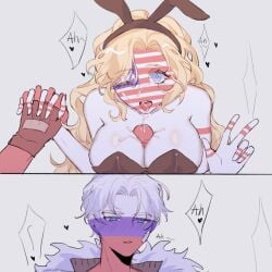 1boy 1girls big_breasts breasts bunny_ears bunnysuit countryhumans countryhumans_girl cum cum_on_body cum_on_breasts cum_on_face female hand_on_head handwear male outercourse paizuri penis russia_(countryhumans) straight titjob united_states_of_america_(countryhumans)
