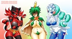 big_breasts breasts cleavage decidueye female female_decidueye female_incineroar female_only humanoid incineroar midriff nintendo panties pokémon_(species) pokemon primarina sevie starter_pokemon starter_trio trio