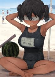 armpits arms_up beach big_breasts blindfold breasts_bigger_than_head huge_breasts kaedeko_(kaedelic) kanna_sasaki_(kaedeko) original panties pussy_bulge solo solo_female swimsuit watermelon