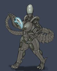 alien alien_(franchise) big_breasts breasts female female_xenomorph genitals grey_body hi_res humanoid lips naughty_skeleton nipples prehensile_tail pussy simple_background smile solo xenomorph