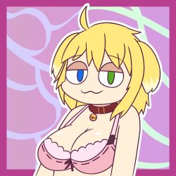 :3 animal_ears bedroom_eyes blonde_hair bra breasts cat_mouth cleavage clothing collar female heterochromia large_breasts looking_at_viewer ryouna_(senran_kagura) senran_kagura underwear woofgang