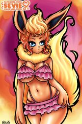 animal_ears bikini breasts female flareon humanoid looking_at_viewer midriff nintendo pokemon red_skin sevie solo_female swimsuit swimwear tail