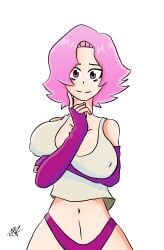 antagonista big_breasts breasts female light-skinned_female light_skin looking_at_viewer panties pink_eyes pink_hair purple_panties saikomic simple_background tania_(antagonista) white_background white_shirt