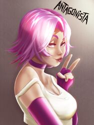 antagonista breasts lips looking_at_viewer peace_sign pink_eyes pink_hair saikomic tania_(antagonista) tongue tongue_out v white_shirt