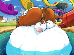 anthro ass belly big_ass big_belly big_breasts big_butt breasts canid canine female fox hoodah huge_ass huge_belly huge_breasts huge_butt hyper hyper_ass hyper_belly hyper_butt mammal mass_vore open_mouth slide stomach_bulge tongue tongue_out vore water