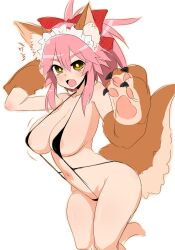 alternate_costume animal_ear_fluff animal_ears animal_hands areola_slip bangs bare_arms bare_legs bare_shoulders bell blush bow breasts cat_paws cleavage eyebrows_visible_through_hair fangs fate/extra fate/grand_order fate_(series) female fox_ears fox_girl fox_tail gloves groin hair_ribbon hairbow highres large_breasts long_hair looking_at_viewer navel neck_bell open_mouth paw_gloves paws pink_hair ponytail ribbon slingshot_swimsuit smile solo swimsuit tail tamamo_cat yellow_eyes yoshi_tama