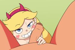 1boy 1girls blonde_hair blue_eyes disney disney_channel foreskin green_background grin half-closed_eyes headband heart_cheeks horns kohiitiimo looking_at_viewer male_pov partial_male penis penis_on_face pov simple_background smile star_butterfly star_vs_the_forces_of_evil straight_hair vein veiny_penis