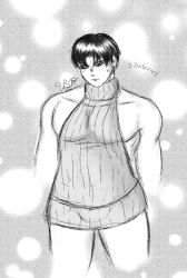 1boy 2021 antagonista black_and_white black_eyes black_hair femboy male male_only monochrome muscular muscular_male one_(antagonista) saikomic simple_background solo tagme virgin_killer_sweater white_background white_skin