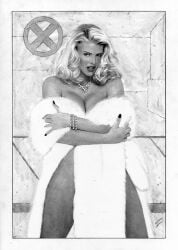 anna_nicole_smith black_and_white blonde_hair covering_self emma_frost huge_breasts looking_at_viewer marvel marvel_comics realistic tim_grayson white_queen x-men