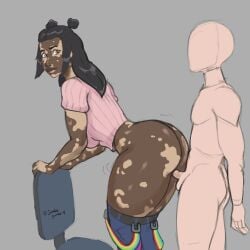 ass big_thighs black_hair chair faceless_male fortnite from_behind height_difference jeans joy_(fortnite) jumbogumbo larger_female looking_back mottled_skin office_chair pants_around_knees pants_down pink_clothing pink_sweater pink_topwear rainbow_clothing rainbow_suspenders sex short_sleeve_sweater short_sleeves side_view sketch small_penis small_penis_adoration smaller_male spotted_skin standing standing_sex suspenders suspenders_down suspenders_hanging thick_thighs thighs two_tone_skin vitiligo