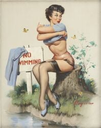 1960s 1962 1girls 20th_century 60s black_hair breasts female female_only garter_belt garter_straps gil_elvgren high_heels lipstick original painting_(artwork) panties pinup pinup_girl sign solo stockings straight_hair stripping thighhighs traditional_media_(artwork) tree tree_stump underboob vintage water