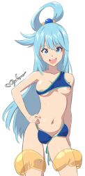 aqua_(konosuba) bikini blue_eyes blue_hair breasts dumbass hair_ornament kono_subarashii_sekai_ni_shukufuku_wo! large_breasts long_hair looking_at_viewer myahogao nipple_slip nipples open_mouth smile swimsuit wardrobe_error