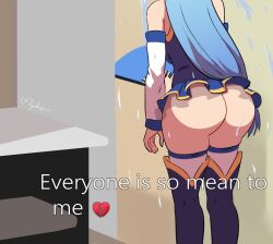 1girls aqua_(konosuba) ass blue_hair breasts everyone_is_so_mean_2_me fan hair_ornament heartbreak huge_ass kono_subarashii_sekai_ni_shukufuku_wo! large_breasts long_hair meme miniskirt myahogao sad signature skirt solo text thighs water