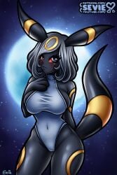 animal_ears black_skin breasts female looking_at_viewer nintendo one-piece_swimsuit pokemon sevie solo_female swimsuit swimwear tail tight_clothing umbreon