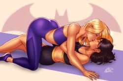 2dnsfw 2dswirl 2girls artist_signature asian asian_female ass batgirl batgirl_(cassandra_cain) batgirl_(stephanie_brown) batman_(series) black_hair blonde_hair cassandra_cain closed_eyes clothed clothed_female clothes clothing dc dc_comics exercise_clothing female female/female female_only fully_clothed interracial interracial_yuri kissing legs long_hair scars shorts stephanie_brown sweat toned_female yoga_pants yuri