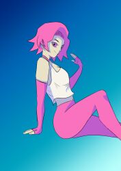 antagonista ass big_ass blue_background female female_only light-skinned_female light_skin pants pink_eyes pink_hair pink_pants saikomic simple_background tania_(antagonista) thick_thighs thighs white_shirt