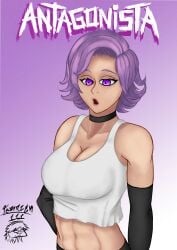 antagonista breasts female female_only light-skinned_female light_skin muscular muscular_female open_mouth purple_background purple_eyes purple_hair saikomic simple simple_background six_pack tania_(antagonista) white_shirt