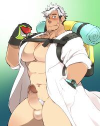 balls bara bara_tiddies bara_tits big_pecs blush boner censored censored_penis erection game_freak gay hand_in_pocket holding_poke_ball huge_pecs human labcoat large_pectorals male male_only manboobs massive_pecs moobs muscles muscular nintendo penis pixelated_penis pokeball pokemon pokemon_go solo solo_male sweatdrop takezamurai willow_(pokemon)