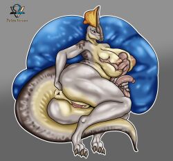 absurd_res anthro anus areola bean_bag big_areola big_breasts big_penis breast_grab breasts claws cuddling deltavinny dinosaur duo faceless_character faceless_male female genitals hadrosaurid hand_on_breast hand_on_butt head_crest hi_res huge_breasts human looking_down male mammal mature_female multicolored_body olorotitan ornithischian ouola_(upai) penis pussy red_eyes reptile scalie simple_background smile thick_thighs