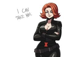 1girls big_breasts black_suit black_widow_(marvel) confident confident_smile crossed_arms determined female fully_clothed marvel marvel_cinematic_universe natasha_romanoff red_hair short_hair smirk solo thick_thighs tinafate1