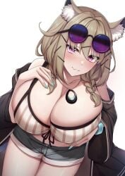 1girls arknights big_breasts blush breasts busty cat_ears cat_girl catgirl female female_only gigantic_breasts huge_breasts large_breasts massive_breasts nipples paintcan shorts simple_background solo solo_female sunglasses sunglasses_on_head utage_(arknights) voluptuous white_background