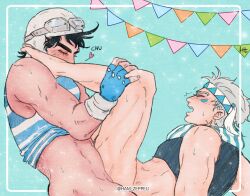 2boys aviator_cap battle_tendency blush caesar_zeppeli fingerless_gloves gay ham_zeppeli heart jojo's_bizarre_adventure joseph_joestar leg_up male male/male male_only male_penetrated male_penetrating male_penetrating_male open_mouth partially_clothed yaoi