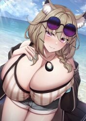 1girls arknights beach big_breasts blush breasts busty cat_ears cat_girl catgirl female female_only gigantic_breasts huge_breasts large_breasts massive_breasts nipples paintcan shorts solo solo_female sunglasses sunglasses_on_head utage_(arknights) voluptuous