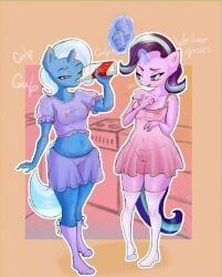 anthro breasts clothed clothing drinking_milk duo equid equine female female/female fluffy friendship_is_magic genitals hair hasbro hi_res horn legwear levitation mammal milk mistleinn my_little_pony nipples purple_eyes purple_hair pussy starlight_glimmer stockings trixie_(mlp) underwear unicorn