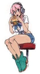 1girls ankle_boots big_breasts big_eyes brown_eyes burger cowboy_boots eating facing_viewer food full_body green_boots green_footwear hamburger headphones huge_breasts jean_shorts kinuko_(kinucakes) large_breasts legs_together long_hair long_legs looking_at_viewer midriff open_mouth pink_hair shirt_tied_up shirt_up short_shorts shorts simple_background sitting sitting_on_stool solo sonic_(series) sonic_the_hedgehog sonic_the_hedgehog_(series) sonic_the_hedgehog_shirt t-shirt tee_shirt tied_shirt white_background