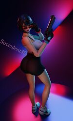 1girls 3d adjusting_eyewear adjusting_glasses adjusting_sunglasses big_ass big_breasts black_hair blender clothing evie_(fortnite) fortnite fortnite:_battle_royale glasses holding_glasses holding_gun lipstick looking_at_viewer looking_over_eyewear looking_over_glasses looking_over_sunglasses succulent3d sunglasses tinted_eyewear