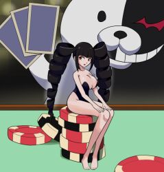 cards casino casino_chip casino_table celestia_ludenberg danganronpa danganronpa:_trigger_happy_havoc danganronpa_1 large_breasts leotard micro monokuma nipple_slip nipples partially_clothed posing sitting straight_hair